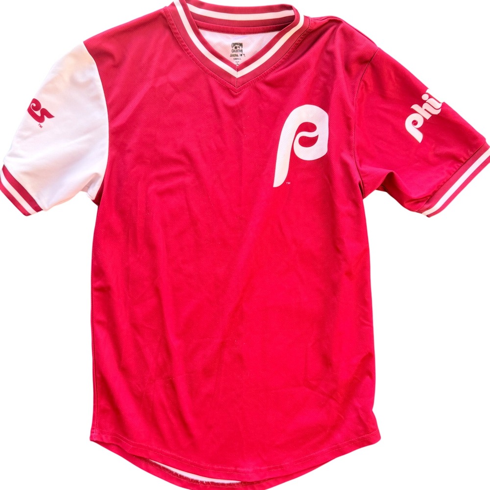 Stitches Phillies Jersey Shirt Mens Small Red White Polyester Cooperstown Sport